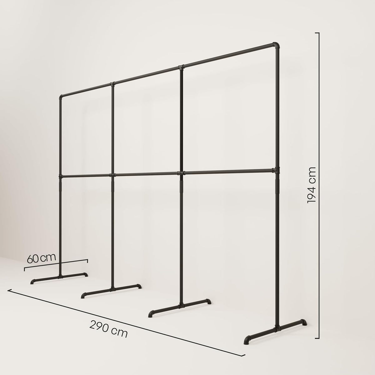 pamo Industrial Design garment rack - LAS 3 Black - freestanding Coat Rack for Walk-In Wardrobe Wall I Clothes Rack Made of Black Sturdy Pipes freestanding from Water Pipe