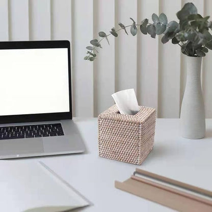 Rattan Tissue Box Cover Square, Hand Woven Wicker Tissue Holder, 5.5 x 5.5 X 5.7 inch, Whitewash