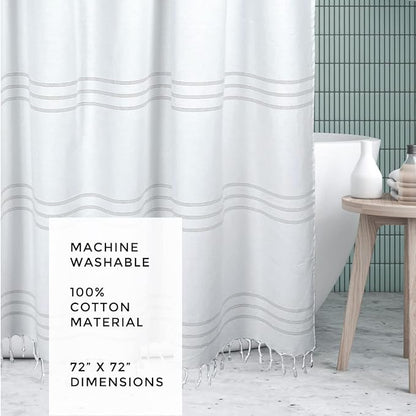 HALL & PERRY Modern Farmhouse Tassel Shower Curtain 100% Cotton Striped Fabric Shower Curtain with Tassels for Bathroom Décor (Taupe, 72"x72")
