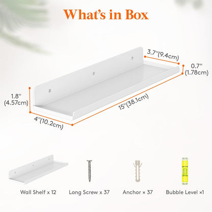Lifewit Floating Shelves for Wall, 12 Pack White Acrylic Shelf 15" Room Decor for Bookcase/Vinyl Record Display/Photo/Picture in Bedroom, Living Room, Bathroom, Kitchen Storage and Organization