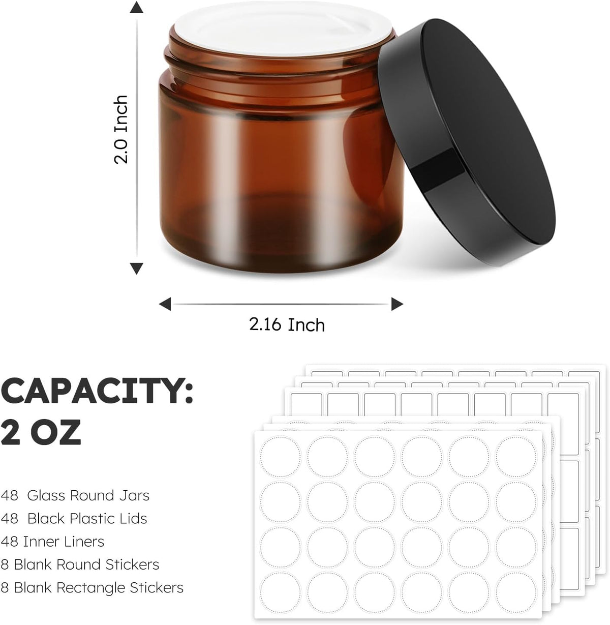 Bumobum 2 oz Glass Jars with Lids, 48 pack Round Small Containers with Black Lids, Blank Labels & Inner Liners, Empty Cosmetic Containers for Sample, Powder, Cream, Lotion Amber and Blue