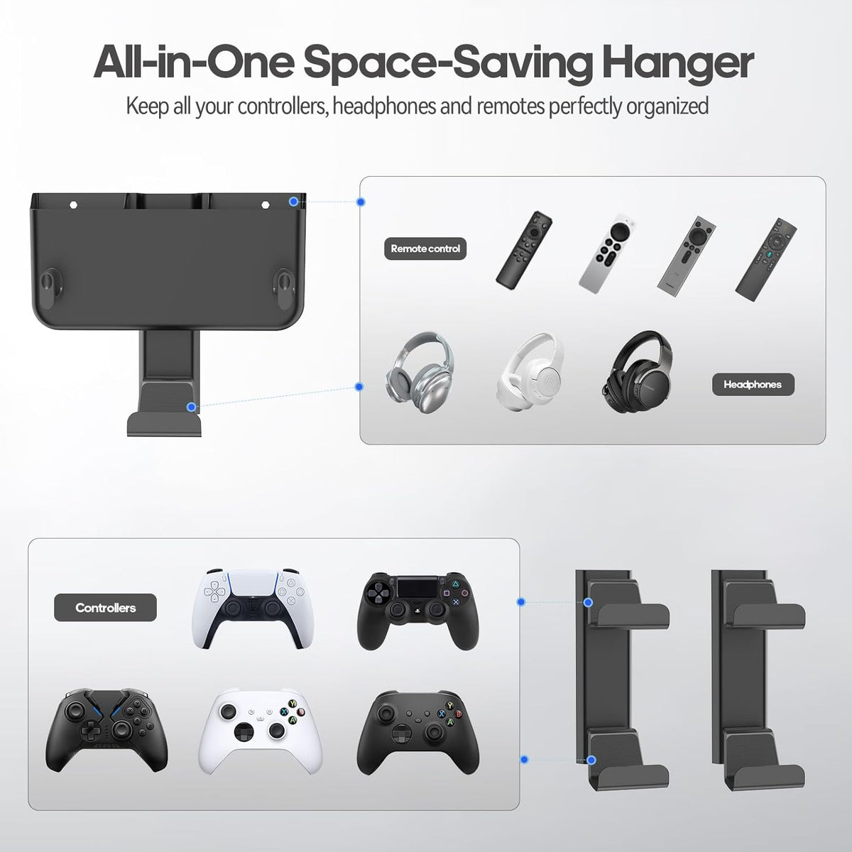 Controller & Headset & Remote Holder Wall Mount with No Drill, 2 Packs Gaming 4 Controllers Hanger Hook Mount for PS5/PS4/XBOX/Switch, Headphone Stand & Remote Control Holer Wall Shelf with Adhesives