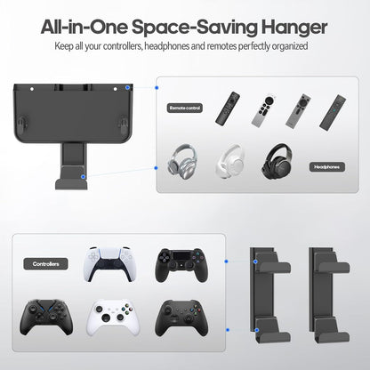 Controller & Headset & Remote Holder Wall Mount with No Drill, 2 Packs Gaming 4 Controllers Hanger Hook Mount for PS5/PS4/XBOX/Switch, Headphone Stand & Remote Control Holer Wall Shelf with Adhesives