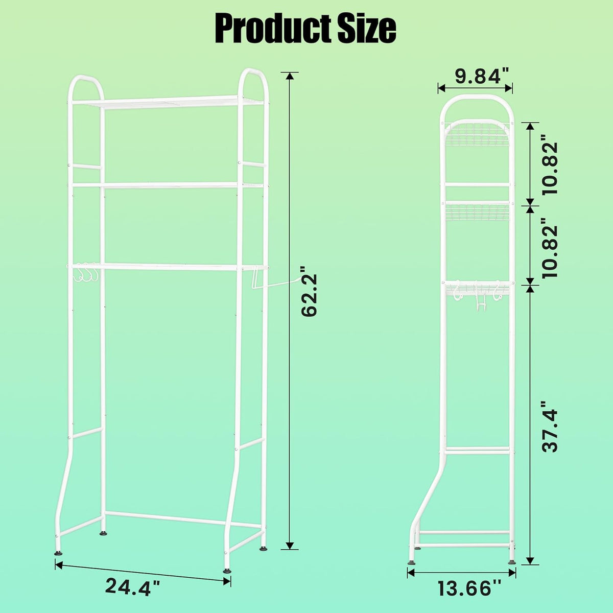 3-Tier Over The Toilet Storage, Metal Over Toilet Bathroom Organizer and Storage for Small Space, Bathroom Shelves Rack with 3 Hooks and Paper Holder, White