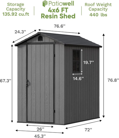 Patiowell 4 x 6 Resin Storage Shed with Floor, Outdoor Plastic Garden Shed with Lockable Door & Window, Easy Assembly Tool Shed for Backyard, Dark Gray
