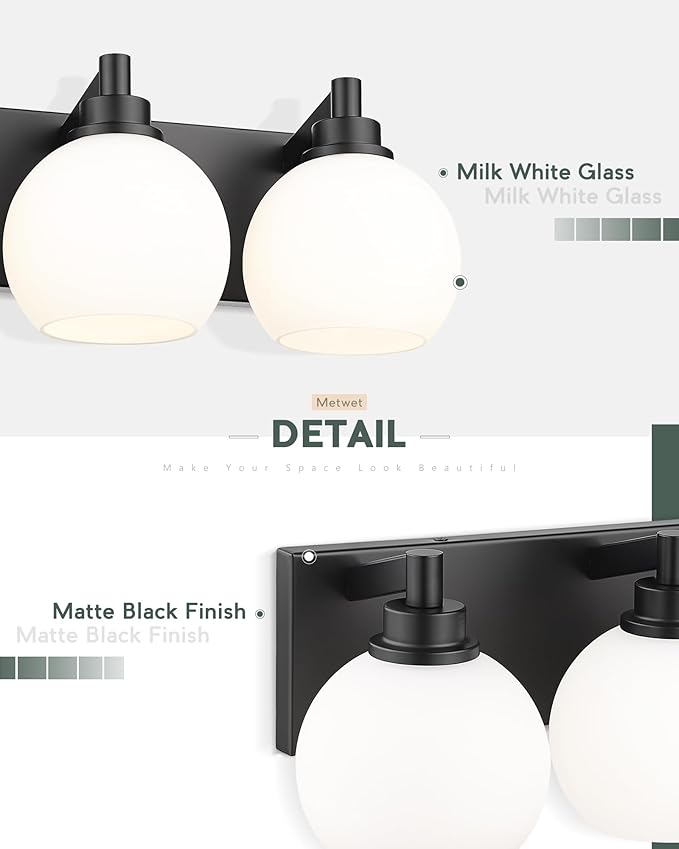 METWET Bathroom Light Fixtures, 3-Light Matte Black Vanity Light, Modern Wall