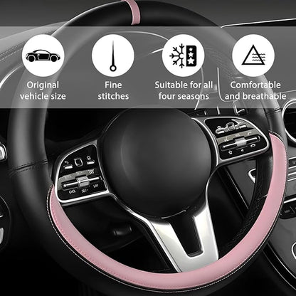 Car Steering Wheel Cover, 15 Inch Leather Anti-Slip Breathable Vehicle Steering Wheel Protector, Automotive Interior Protection Accessories, Universal for SUV Sedan Truck (Black/Pink)