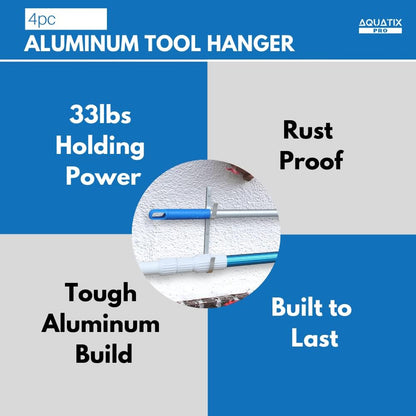 Aquatix Pro Pool Pole Hanger Premium 4pc Aluminium Holder Set, Ideal Hooks for Telescopic Poles, Skimmers, Leaf Rakes, Nets, Brushes, Vacuum Hose, Garden Tools and Swimming Pool Accessories