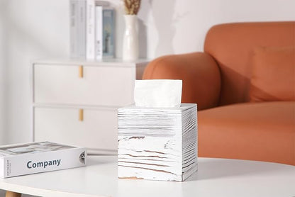 CATORY Tissue Box Cover, Wood Tissue Box Cover Square, Farmhouse Tissue Box Holder Covers Your Tissues, Decorative Tissue Cube Box Cover with Slide-Out Bottom (White)