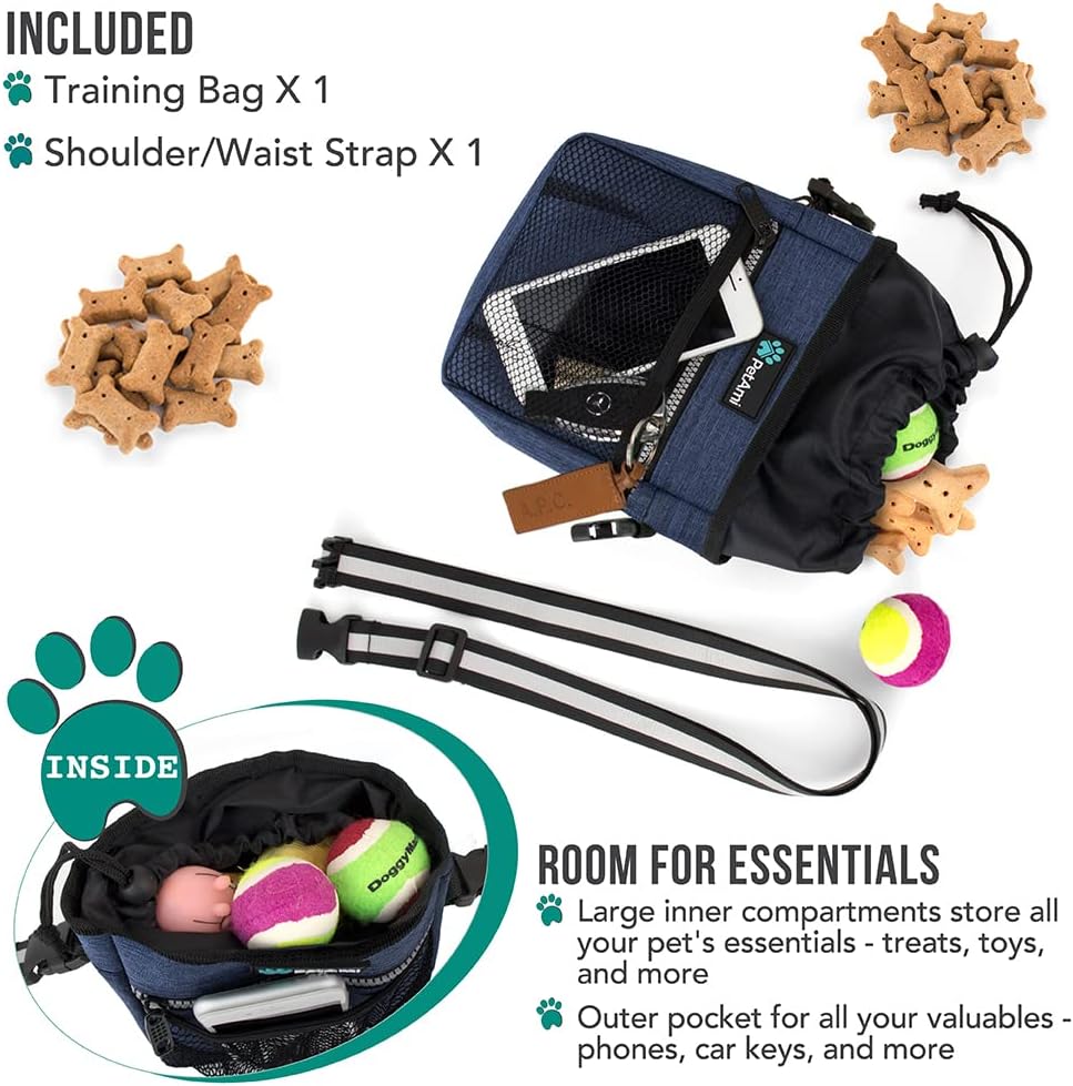 PetAmi Dog Treat Pouch, Pet Treat Pouch for Training, Dog Walking Bag Holder for Kibbles, Pet Food Toy, Dog Trainer Essentials Supplies, Poop Bag Dispenser, 3 Ways to Wear (Heather Navy)