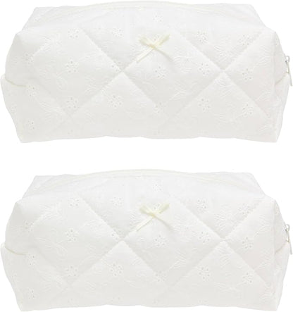 PAZIMIIK 2PCS Cozy Makeup Bag Travel Cosmetic Bag for Women Soft Toiletry Bag Aesthetic Makeup Organizer Portable Large Zipper Pouch for Skincare Beauty Accessories Brushes Embroidery White