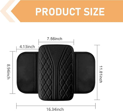 Car Center Console Pad, Leather Car Armrest Box Pad Cover, Vehicle Armrest Protector Cushion with 2 Storage Bags, Universal Arm Rest Pad for Car Interior Accessories Protect (Black)