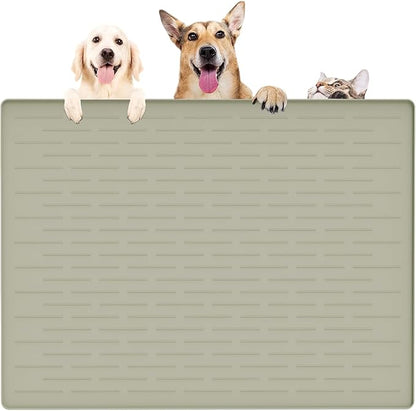 39.4"x29.5" Largest Pet Food Mat, Silicone Dog Mats for Food and Water, Nonslip Pet Feeding Mats for Floors,Dog Cat Bowl Mat with Raised Edges, Gray Green