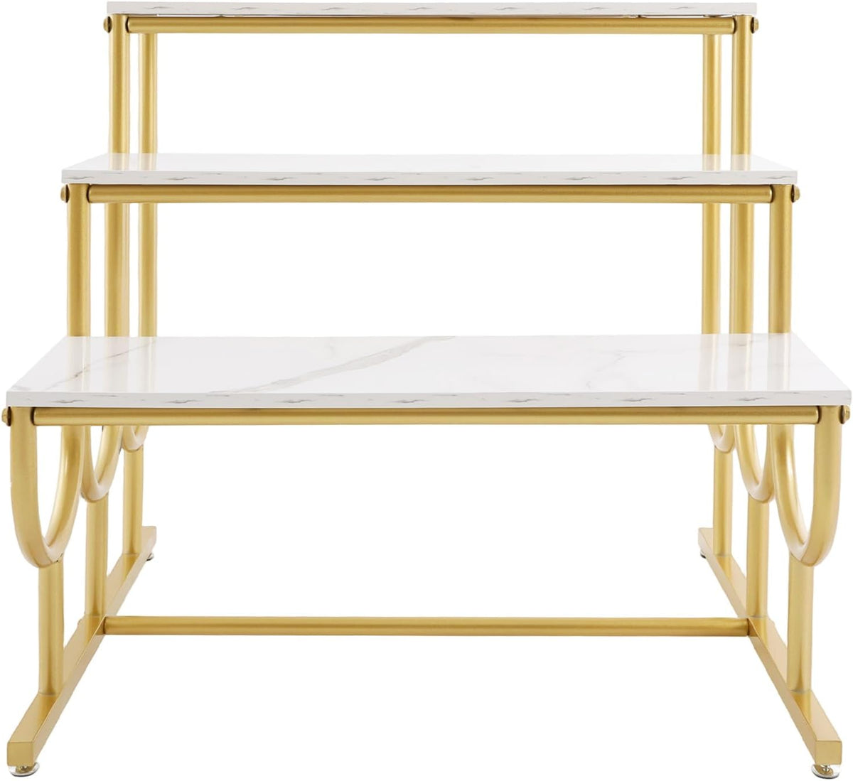 Metal Shoe Handbag Display Stand, 3 Tier Heavy Duty Display Riser Shelf, Modern Retail Display Table, Carbon Steel and Solid Wood, Gold