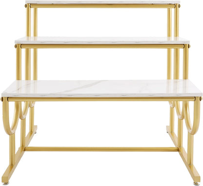 Metal Shoe Handbag Display Stand, 3 Tier Heavy Duty Display Riser Shelf, Modern Retail Display Table, Carbon Steel and Solid Wood, Gold
