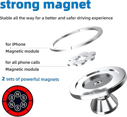 Magnetic Phone Holder for Car, [ 2 Groups Super Strong Magnet ] [ 360° Rotation ] Universal Dashboard Car Mount Holder Compatible with All Smartphones (Silver)