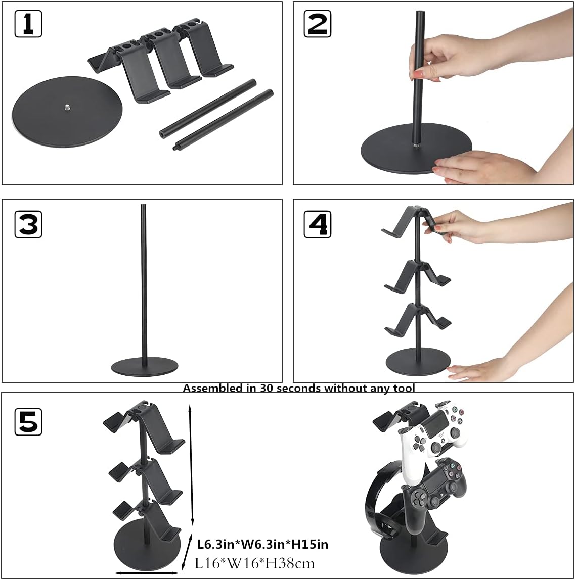 Controller Stand 3 Tier,Headphone Holder, Multi Adjustable Game Controller Headset Hanger for All Universal Gaming PC Accessories, Xbox PS4 PS5 Nintendo Switch(Smart Black)