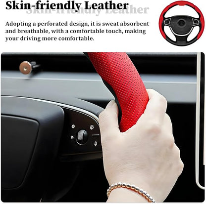 3PCS Car Steering Wheel Cover, Nappa Leather Breathable Non-Slip Segmented Steering Wheel Protector, Snap-on Auto Interior Decoration Accessories, Universal Fit (Red)