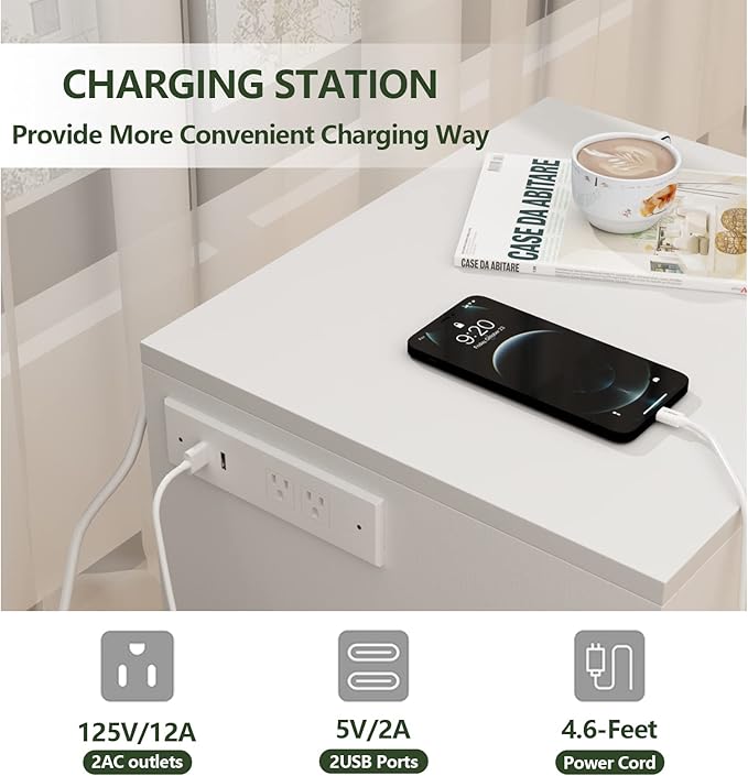 Auromie Nightstand with Charging Station and LED Lights, Concealment Furniture
