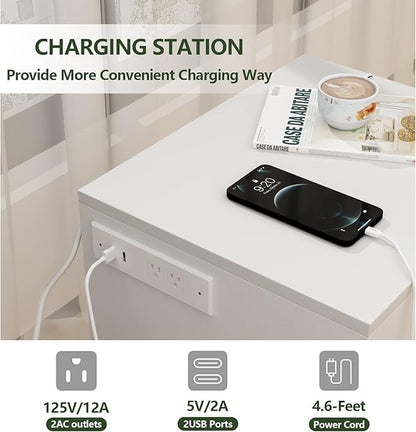 Auromie Nightstand with Charging Station and LED Lights, Concealment Furniture