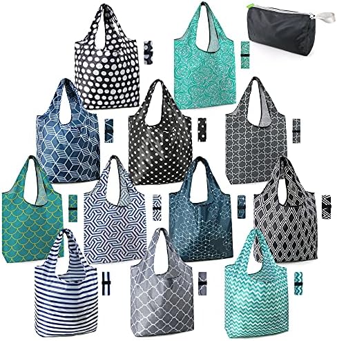 BeeGreen Reusable Grocery Bags Lightweight Durable Shopping Bags Washable Foldable 12 Pack Xlarge Classic Geometric Design Gift Tote Grocery Bags with Elastic Band and Separated Zipper Storage Pouch