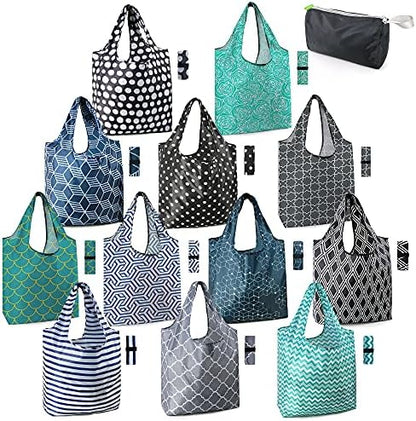 BeeGreen Reusable Grocery Bags Lightweight Durable Shopping Bags Washable Foldable 12 Pack Xlarge Classic Geometric Design Gift Tote Grocery Bags with Elastic Band and Separated Zipper Storage Pouch