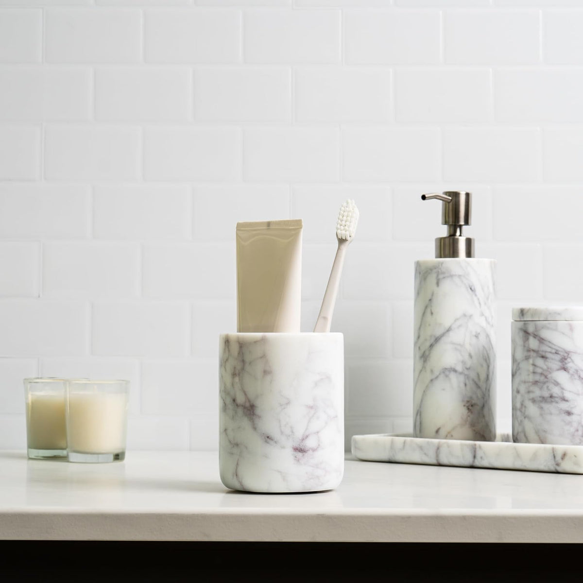 Cork & Mill Marble Toothbrush Holder Cup for Bathroom, Real White Marble Stone Bathroom Accessory, Aesthetic Decorative Countertop Organizer for Tooth Brush & Toothpaste