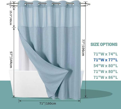eachope Teal Hook Waffle Weave Shower Curtain with snap-in Liner Replacement, 230GSM Waterproof Fabric Hotel Shower Curtain Set for Bathroom, Through Mesh Top Window,71Wx77H