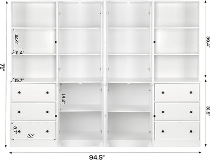 TUSY 71" Bookshelf Bookcase, 3-Tier Modern Bookshelves 3 Large Drawer, Wood Filing Cabinet with Open Storage Shelf, Glass Doors 5-Tier Fixed Storage Shelves for Home Office (Wood)