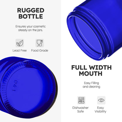 Bumobum 2 oz Glass Jars with Lids, 48 pack Round Small Containers with Black Lids, Blank Labels & Inner Liners, Empty Cosmetic Containers for Sample, Powder, Cream, Lotion Amber and Blue
