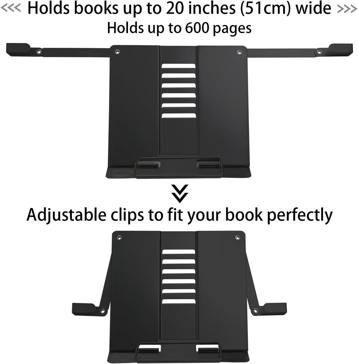 Metal Desk Book Stand for Reading with Adjustable Clips, Hands-Free Foldable Book Holder for Kids, Portable Document Stand for Desk, Display Stand for Recipes, Cookbooks, Tablets - Black