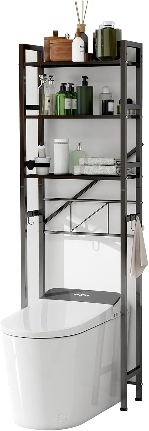 Over The Toilet Storage Cabinet, Metal 3 Tier Bathroom Organizer Shelf, Stable Freestanding Above Toilet Stand, Black