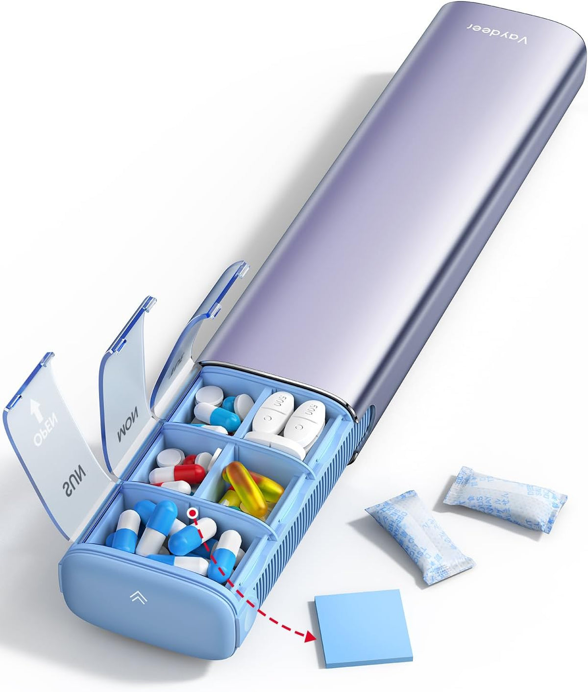 VAYDEER Metal Weekly Pill Organizer – Moisture-Proof Travel Pill Organizer with Built-in Desiccant Chamber and Airtight Lids – Large-Capacity Pill Box for Vitamins, Medicines & Supplements (Purple)