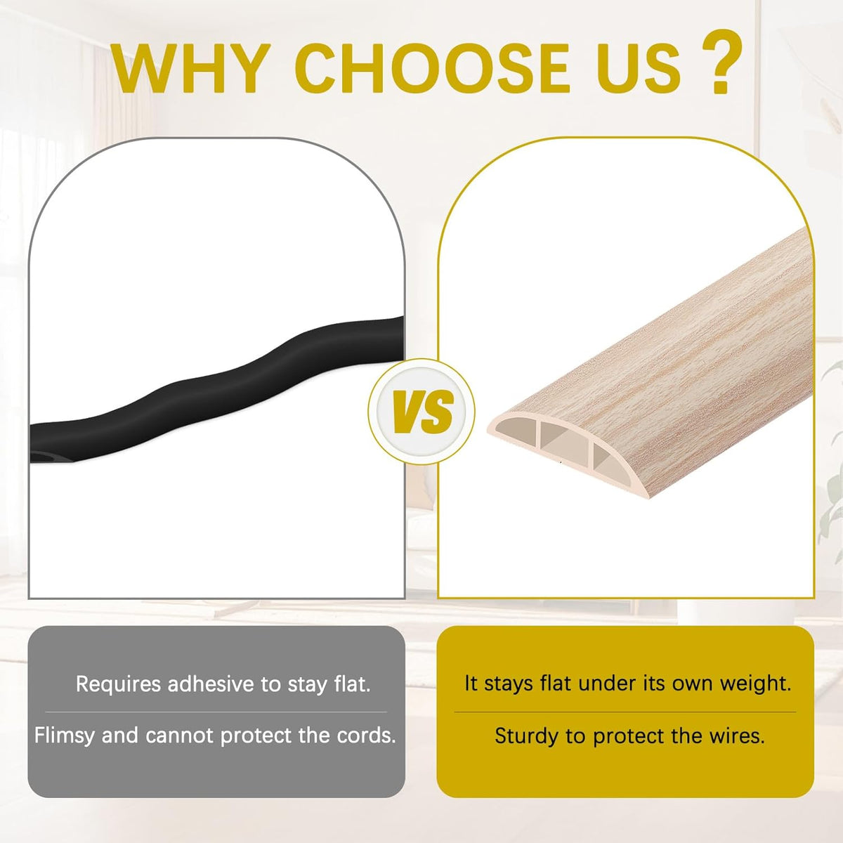 Floor Cord Cover 10FT Cord Covers for Wires on Floor Protect Wires & Prevent Trip Hazards, Easy to Cut for Home, Office, School, Concerts, Cavity W0.6in x H0.32in