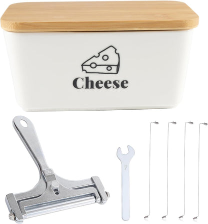 Cheese Container for Refrigerator,Shredded Cheese Container with Bamboo Lid,Ceramic Cream Block Sliced Cheeses Storage Box,Grated,Cheddar Cheeses Saver for Fridge,Kitchen Organizer