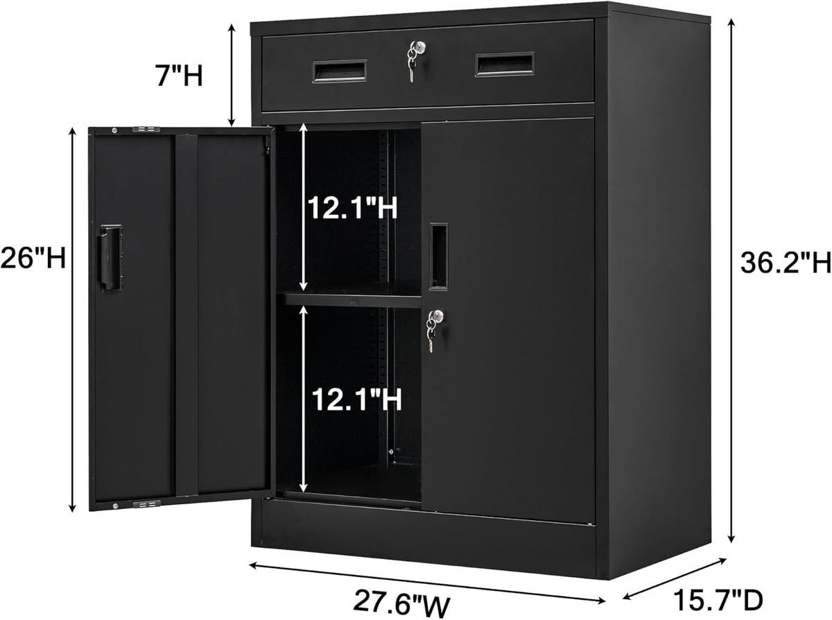 Metal Storage Cabinet, Locking Cabinet with One Drawer and Adjustable Shelf, 36.2" H x 28" W x 16" D Steel Storage Cabinet for Office, Garage, Home-Black
