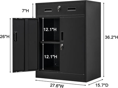 Metal Storage Cabinet, Locking Cabinet with One Drawer and Adjustable Shelf, 36.2" H x 28" W x 16" D Steel Storage Cabinet for Office, Garage, Home-Black