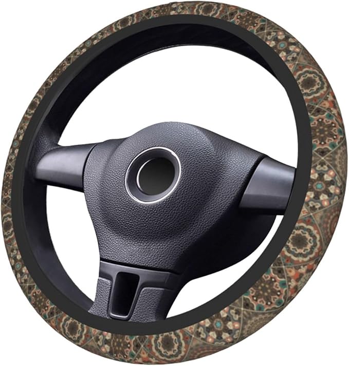 Bohemia Steering Wheel Cover with 2 Car Coasters Non Slip Neoprene for Women Men Universal 15 Inch