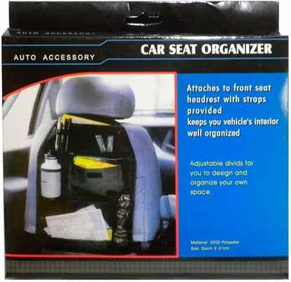 Car Backseat Organizer 11X19" Tablet Hold 3 Storage Pockets Travel Accessory Blk Seat Back Protector Kick Mats for Kids Toddlers, Travel Accessories Auto Seat Storage Hanging Bag, Phones, Drink, Stuff