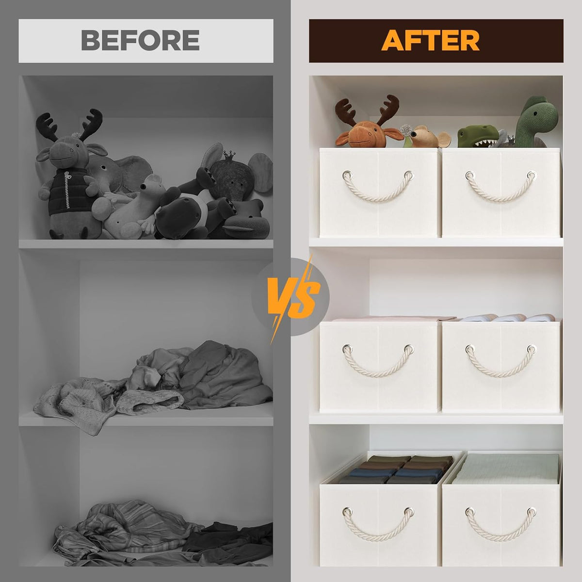 Closet Storage Bins, Linen Closet Organizers and Storage Basket for Shelves, Collapsible Shelf Baskets for Organizing Shelves, Bedroom Clothes Basket, Beige, 3 Pack