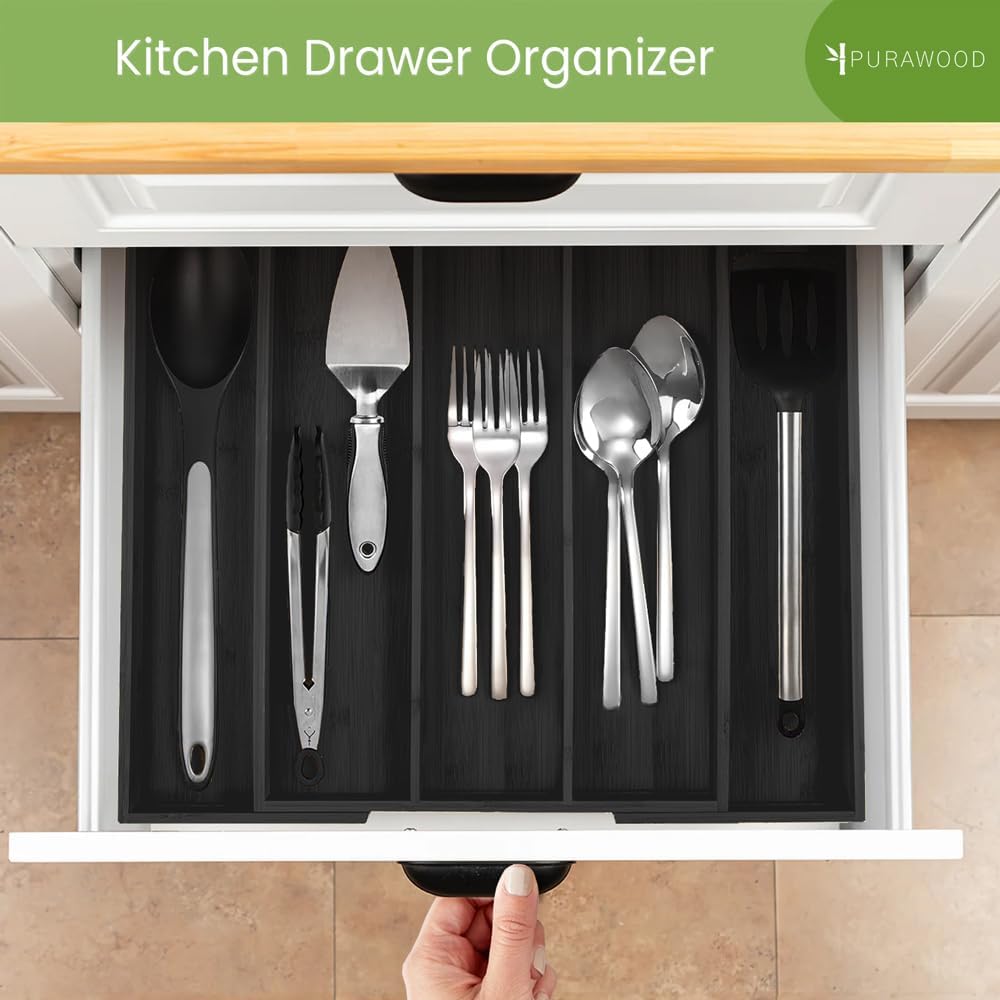 Purawood Kitchen Drawer Organizer - Expandable Utensil Organizer for Kitchen, Cutlery Tray & Silverware Organizer, 3-5 Slots - Bamboo Drawer Organizer for Utensils & Flatware (Black)