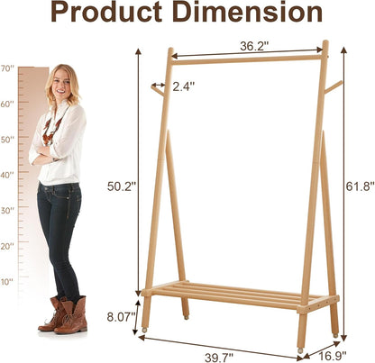Solid Wood Clothing Rack, Rolling Clothes Rack for Hanging Clothes, Garment Rack with Shelves Load 350 Lbs, Portable Closet Organizer on Wheels for Hanging Clothes (Natural)