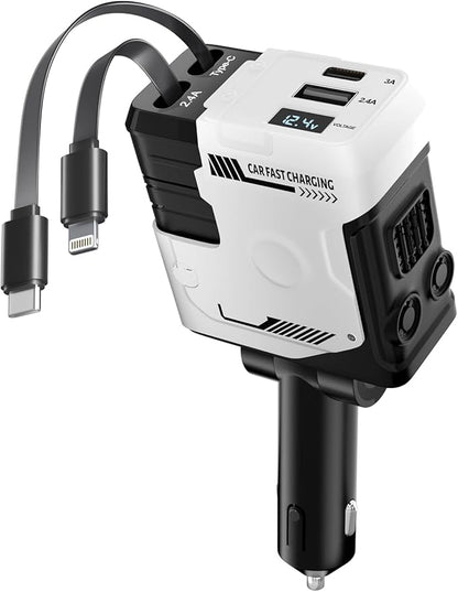 Retractable Car Charger with Retractable Cables (31.5 inch), 4 in 1 Super Fast Car Phone Charger, 2 USB Ports Car Charger Adapter, Compatible with iPhone 15 14 13 12 11 Pro Max, iPad, Pixel
