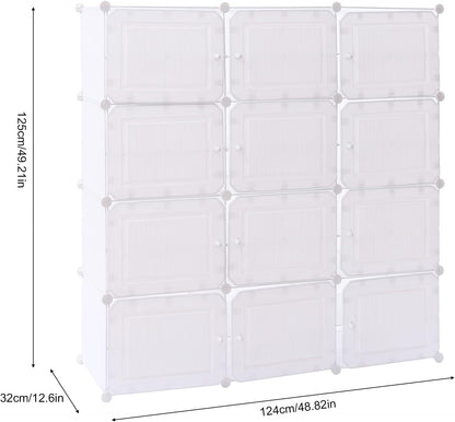 Portable Shoe Rack, 48 Pair DIY Shoe Storage Shelf Organizer, Plastic Shoe Organizers for Entryway, Adjustable Panels, Shoe Cabinet with Doors, White