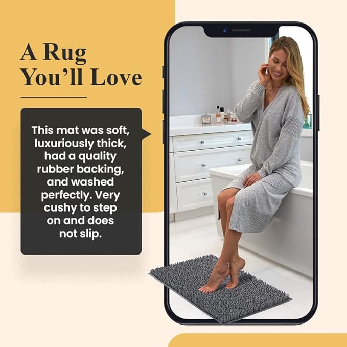 MAYSHINE Plush Shaggy Chenille Bath Mat | Extra Soft, Super Absorbent, Non-Slip Bathroom Rug | Fluffy Microfiber, Area Rug Sets for Bathroom Floor, Kitchen, Living Room | 32"x20" | Black