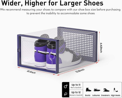 Kuject X-Large Shoe Storage Boxes Organizers Clear Plastic Stackable 12 Pack, Shoe Rack & Holder Substitute, Sneaker Containers, Toy Storage Organizer Bins for Entryway, Closet, Under Bed, Blue