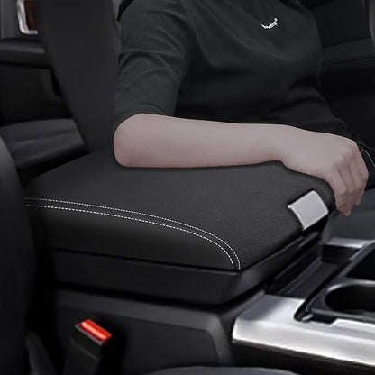 for RAM 1500 2500 3500 4500 5500 2009-2018 Center Console Cover Anti-Scratch Waterproof Leather Armrest Pad Protector Cushion Car Interior Accessories(Black Leather with White Stitches)