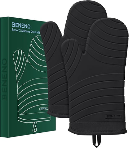 Beneno Heat Resistant Silicone Oven Mitts BPA-Free, Non-Slip Textured Grip & Quilted Cotton Lining, Waterproof Kitchen Mitt 2-Pack Set, 7"x13", Black