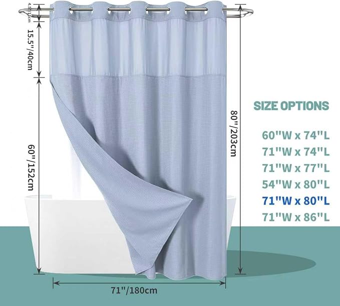 eachope FrostBlue Long No Hook Waffle Weave Shower Curtain with snap-in Liner Replacement, 230GSM Waterproof Fabric Hotel Shower Curtain Set for Bathroom, Through Mesh Top Window,71Wx80H