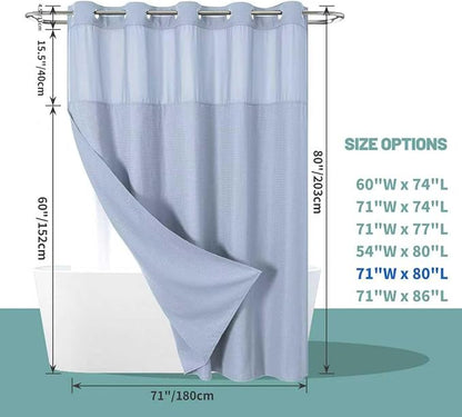 eachope FrostBlue Long No Hook Waffle Weave Shower Curtain with snap-in Liner Replacement, 230GSM Waterproof Fabric Hotel Shower Curtain Set for Bathroom, Through Mesh Top Window,71Wx80H